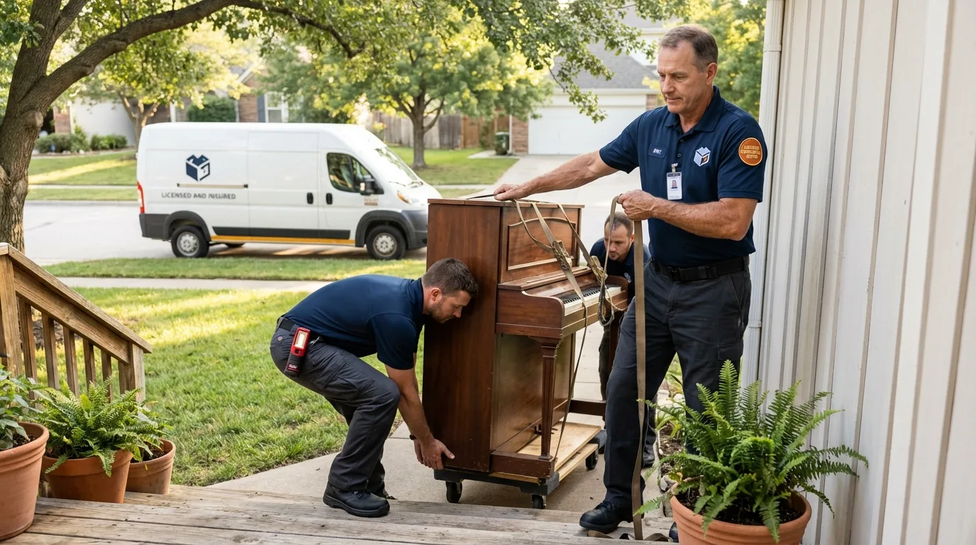 Licensed piano movers securing grand piano in Woonsocket, SD