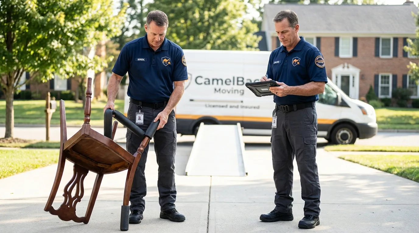Movers inspecting furniture for damage prevention before loading in Woonsocket, SD
