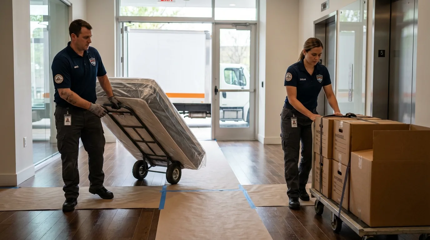 Professional apartment movers loading elevator in Woonsocket, SD